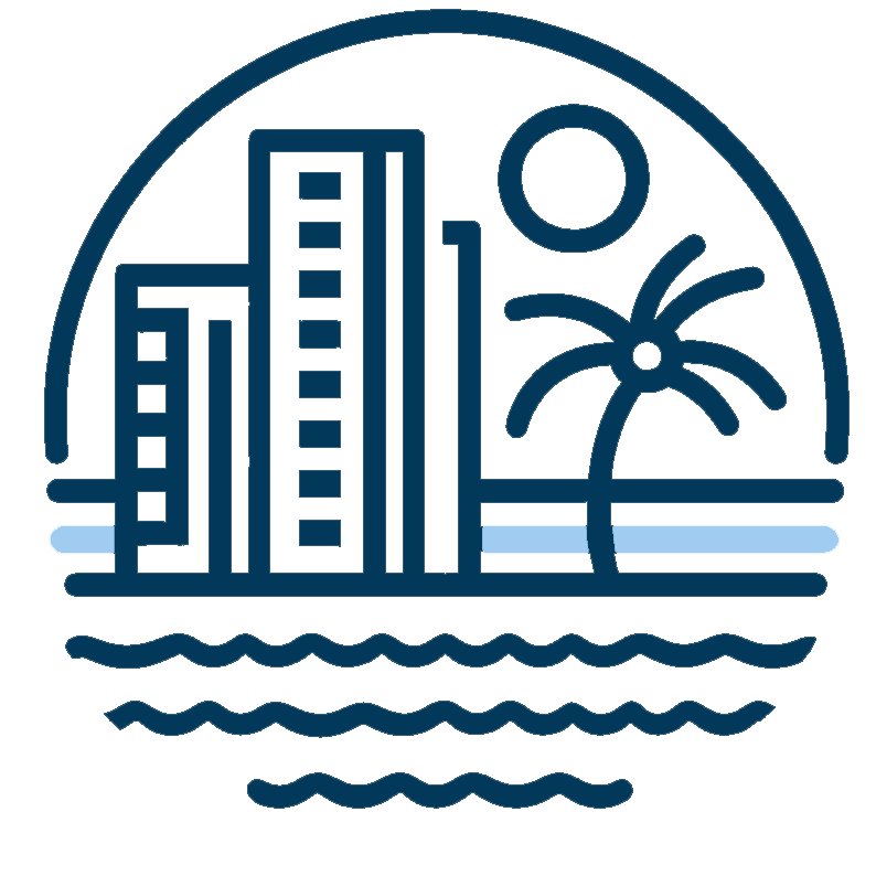 Logo depicting an apartment block by the sea